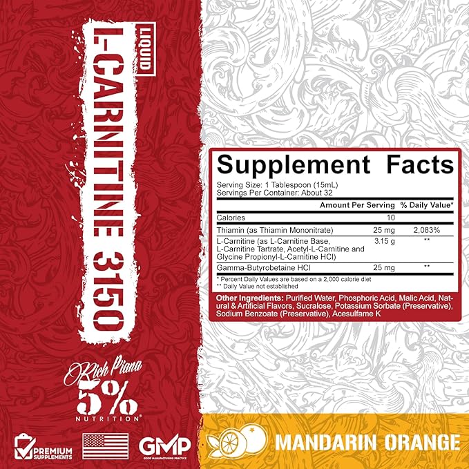 5% Nutrition Rich Piana Liquid L-Carnitine 3150 | Premium 4 Source Blend + GBB, The Super Carnitine (Mandarin Orange)