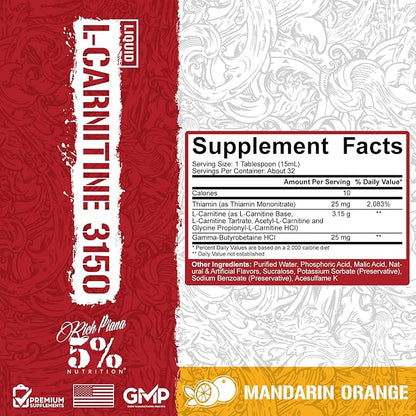 5% Nutrition Rich Piana Liquid L-Carnitine 3150 | Premium 4 Source Blend + GBB, The Super Carnitine (Mandarin Orange)
