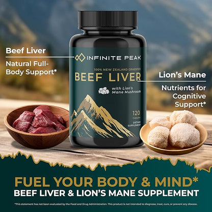 Grass Fed Beef Liver Capsules w/ Lions Mane for Energy, Focus & Memory | Grassfed Beef Liver Supplement Supports Full Body Wellness | Beef Organs Supplement for Men - Freeze Dried | 30 Serving-120 Cnt