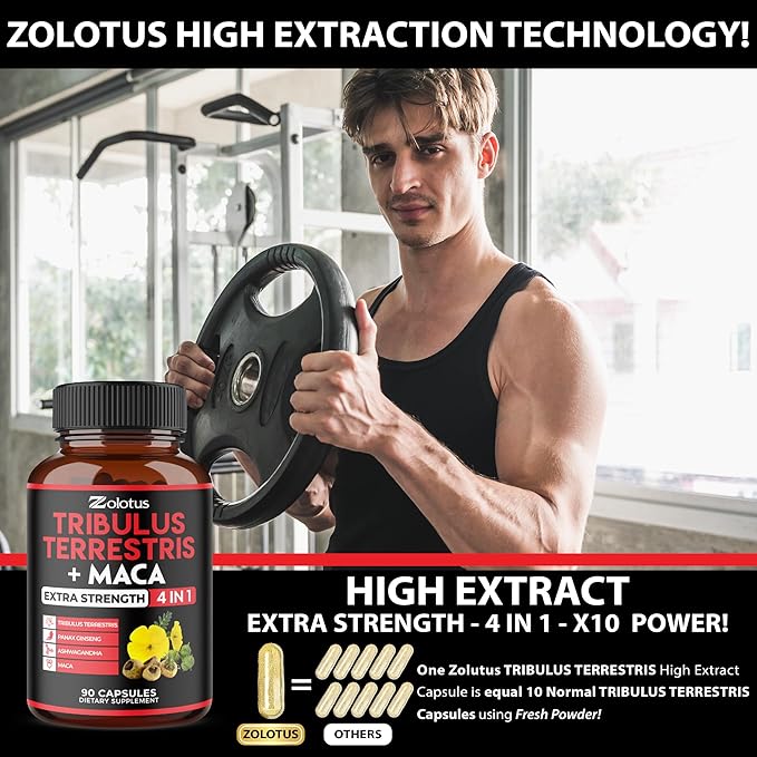 Zolotus Premium Tribulus Terrestris Capsules - 9600mg Per Serving - Combined with Ashwagandha, Panax Ginseng & Maca - Boost Energy, Mood, Stamina & Immune - 90 Counts for 3 Months