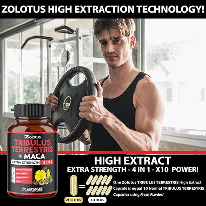 Zolotus Premium Tribulus Terrestris Capsules - 9600mg Per Serving - Combined with Ashwagandha, Panax Ginseng & Maca - Boost Energy, Mood, Stamina & Immune - 90 Counts for 3 Months