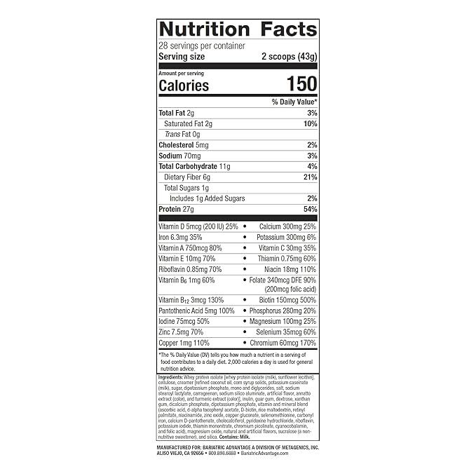 Bariatric Advantage High Protein Meal Replacement Drink Mix, Protein Powder Whey Isolate for Gastric Bypass and Sleeve Gastrectomy Patients, 27g Protein, Lactose Free - Creme - 28 Servings