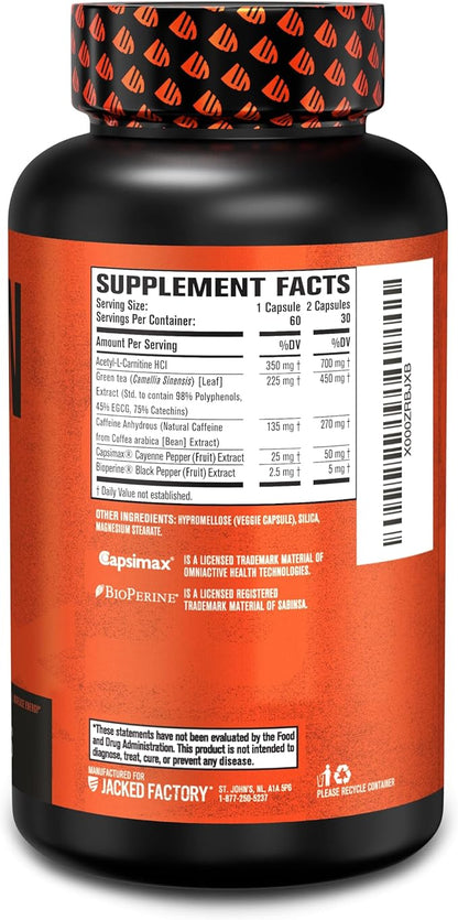 Jacked Factory Burn-XT Clinically Studied Fat Burner & Weight Loss Supplement - Appetite Suppressant & Energy Booster - with Acetyl L-Carnitine, Green Tea Extract and More - 60 Natural Diet Pills