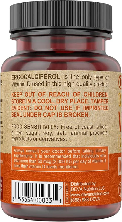 DEVA Vegan Vitamin D2 60 mcg 2400 IU, Ergocalciferol Supplement with No Animal Ingredients, 90 Tablets (Pack of 2)