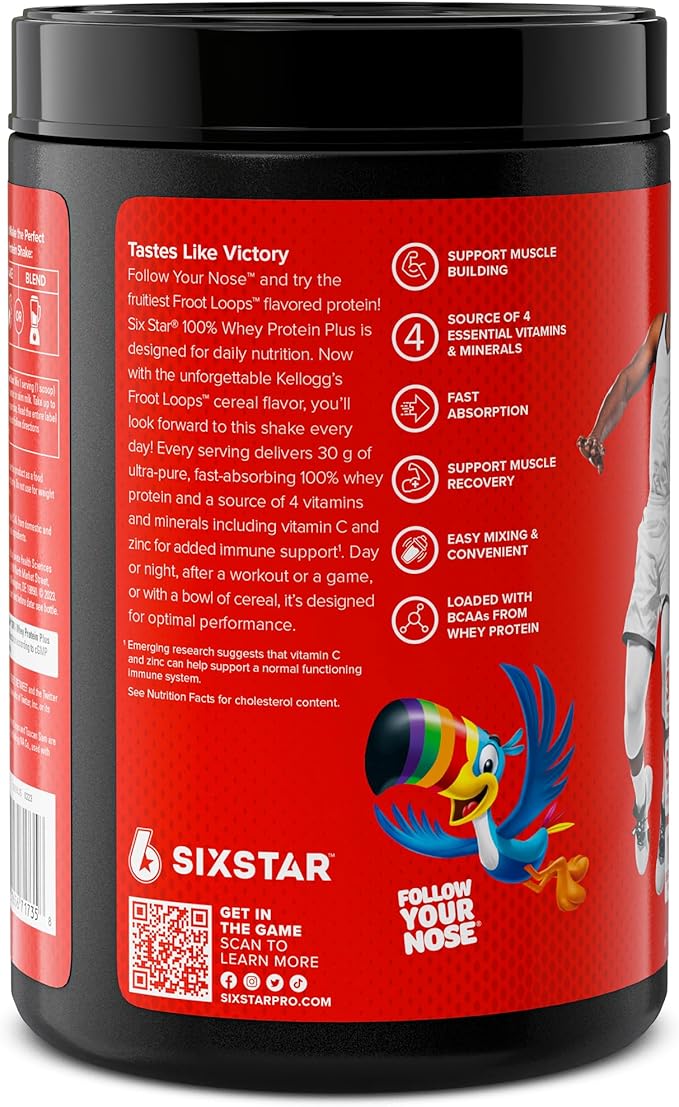 Six Star Whey Protein Powder Plus | Muscle Building & Recovery Plus Immune Support | Muscle Builder for Men & Women | Kellogg’s Froot Loops Flavor | 1.8lb