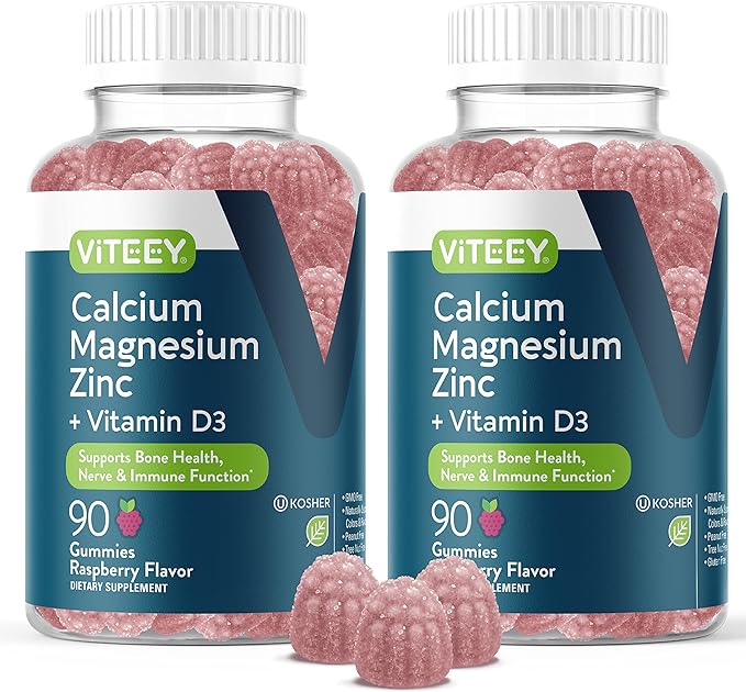 Calcium Magnesium Zinc Gummies with Vitamin D3 - Supports Bone Health, Nerve & Immune Function - Calcium Magnesium Zinc D3 Supplement for Adults & Teens - GMO Free - Chewable Raspberry Flavored Gummy