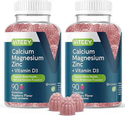 Calcium Magnesium Zinc Gummies with Vitamin D3 - Supports Bone Health, Nerve & Immune Function - Calcium Magnesium Zinc D3 Supplement for Adults & Teens - GMO Free - Chewable Raspberry Flavored Gummy
