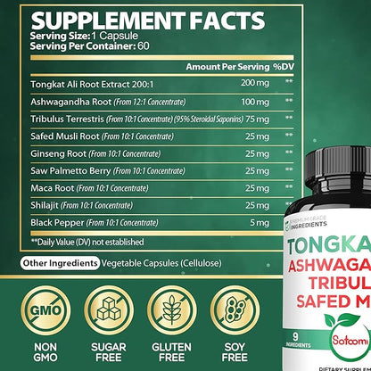 Satoomi Tongkat Ali Root Extract 200:1-9 Essential Herbs with Ashwagandha, Tribulus Terrestris & More - Support Strength, Energy and Healthy Immune - 60 Vegan Caps 2 Month Supply