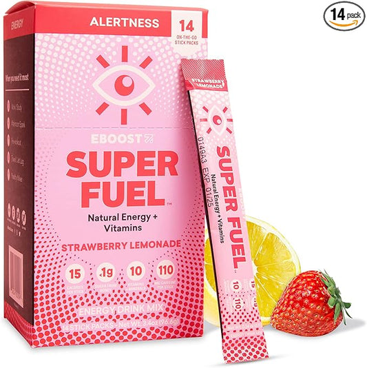 EBOOST Energy Drink Powder, Super Fuel - Strawberry Lemonade, 14 Packets - Pre-Workout Powder Energy Drink Mix - Natural Energy, L-Tyrosine, L-Theanine & Vitamins - Preworkout for Women & Men to Go
