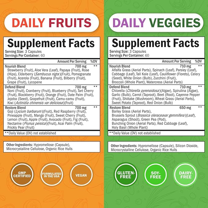 Daily Fruits and Veggies Supplement for Women and Men - 47 Whole Food Fruits and Vegetables - Diverse Natural Balance of Vitamins Minerals and Noni - 180 Fruit Capsules, 180 Veggie Capsules (2 Pack)