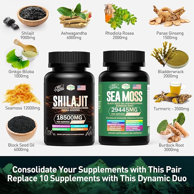 Sea Moss & Shilajit Multivitamin Bundle - Sea Moss 12000mg, Shilajit 9000mg, Black Seed Oil 6000mg, Ashwagandha 3000mg, Ginger,Rhodiola Rosea 2000mg, All in 1 Supplements (2 Pack)
