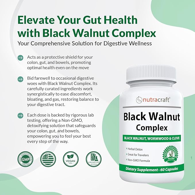 Black Walnut Detox Cleanse Supplement | Black Walnut, Wormwood, Clove, PAU D'Arco, Pumpkin Seed, Garlic, Zinc | Intestinal Guard for Humans | 60 Capsules
