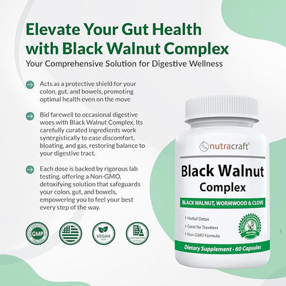 Black Walnut Detox Cleanse Supplement | Black Walnut, Wormwood, Clove, PAU D'Arco, Pumpkin Seed, Garlic, Zinc | Intestinal Guard for Humans | 60 Capsules