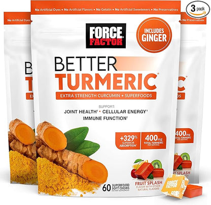 Force Factor Better Turmeric Joint Support Supplement for Extra Strength Joint Health, Featuring HydroCurc Turmeric Curcumin with Black Pepper for Superior Absorption, Fruit Splash, 180 Soft Chews