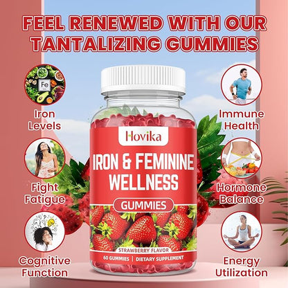 Iron for Women Gummies, 40mg Iron Supplement Anemia with multivitamin for Women, Zinc, Selenium, Iodine - for Iron Deficiency - Natural Hormonal Support for PMS, Strawberry Flavour, 2 Pack