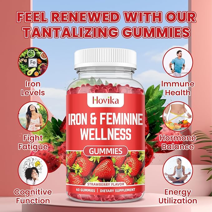 Iron for Women Gummies, 40mg Iron Supplement Anemia with multivitamin for Women, Zinc, Selenium, Iodine - for Iron Deficiency - Natural Hormonal Support for PMS, Strawberry Flavour, 60 Count