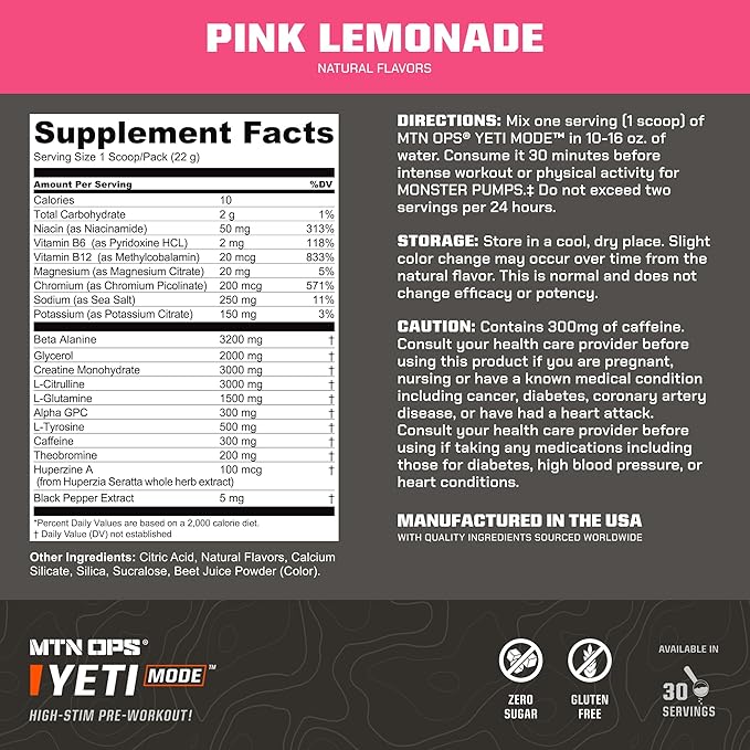 MTN OPS Yeti Mode Pre-Workout Powder - Explosive High-Stimulant with 300mg Caffeine, Creatine Monohydrate, Beta-Alanine, and 45mg Niacin - Pink Lemonade Flavor in 30 Serving Tub