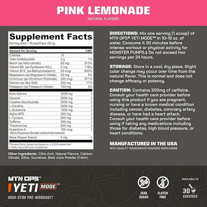 MTN OPS Yeti Mode Pre-Workout Powder - Explosive High-Stimulant with 300mg Caffeine, Creatine Monohydrate, Beta-Alanine, and 45mg Niacin - Pink Lemonade Flavor in 30 Serving Tub