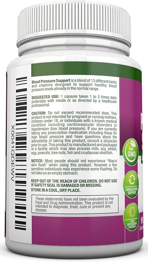 Blood Pressure Support Supplement - 13 Herbs & Vitamins - with Hawthorn, Hibiscus, Garlic & Olive Leaf Extract - Natural Supplement for Women & Men - High Strength Capsules - Non-GMO - 90 Day Supply