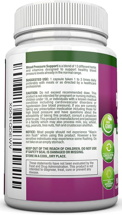 Blood Pressure Support Supplement - 13 Herbs & Vitamins - with Hawthorn, Hibiscus, Garlic & Olive Leaf Extract - Natural Supplement for Women & Men - High Strength Capsules - Non-GMO - 90 Day Supply