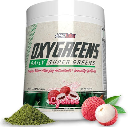 EHP Labs OxyGreens Super Greens Powder - Spirulina & Chlorella Superfood, Green Juice Powder & Greens Supplements with Prebiotic Fibre, Antioxidants & Immunity Support, 30 Serves (Lychee)