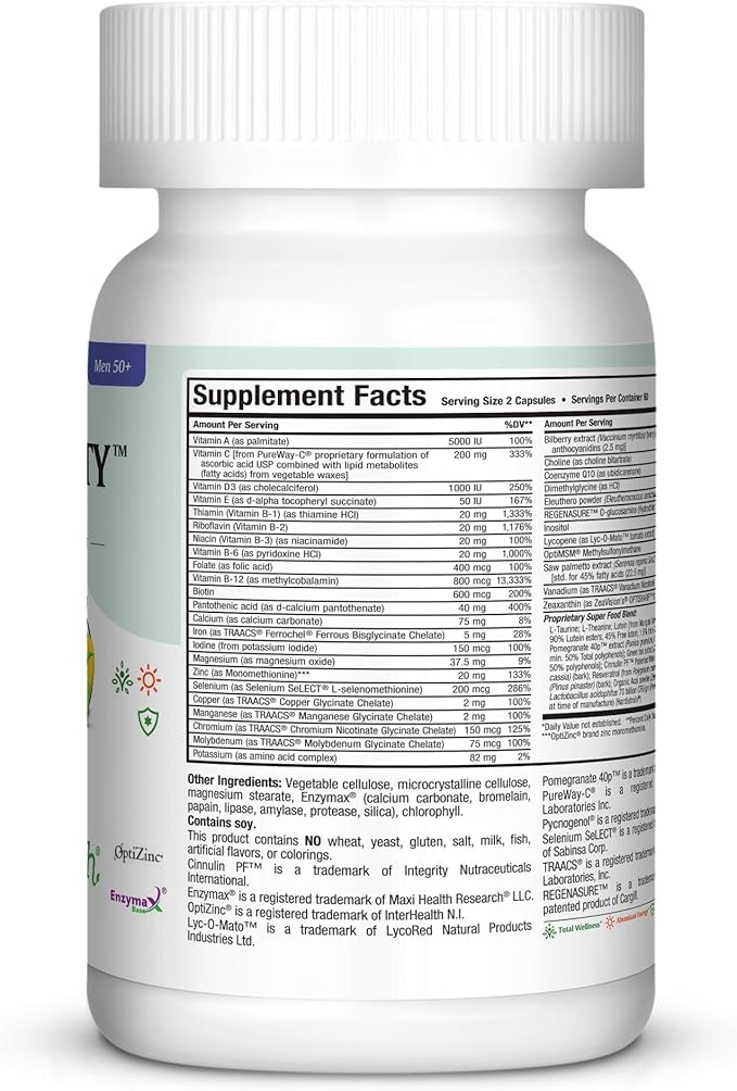 Maxi Health Longevity - Multivitamins & Minerals Supplement for Men Over 50 120 Capsules - Kosher