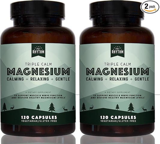 Natural Rhythm Triple Calm Magnesium 150 mg - 2 Pack – Magnesium Supplement with Magnesium Glycinate, Malate, and Taurate. Calming Blend for Promoting Rest and Relaxation - 120 Count Bottles