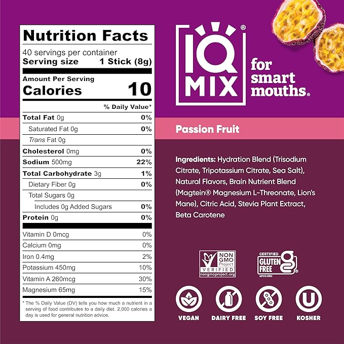 IQMIX Sugar Free Electrolytes Powder Packets - Hydration Supplement Drink Mix with Keto Electrolytes, Lions Mane, Magnesium L-Threonate, and Potassium Citrate - Passion Fruit (40 Count)