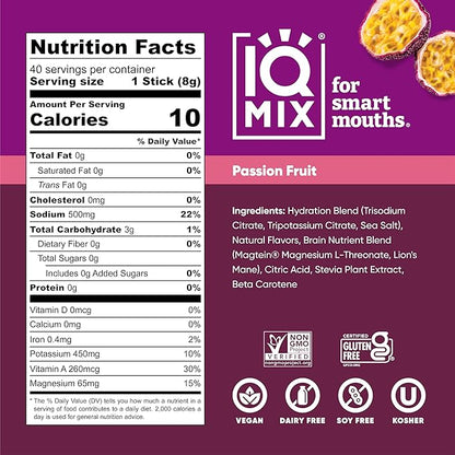IQMIX Sugar Free Electrolytes Powder Packets - Hydration Supplement Drink Mix with Keto Electrolytes, Lions Mane, Magnesium L-Threonate, and Potassium Citrate - Passion Fruit (40 Count)