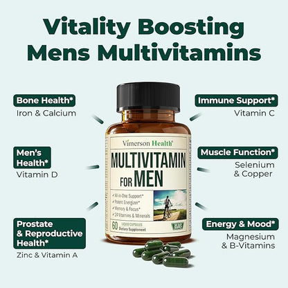 Multivitamin for Men - Daily Mens Multivitamins & Multiminerals with Vitamin A, C, D, E, B12, Zinc, Iron. Essential Vitamins for Men - Mens Vitamins for Energy, Focus & Mens Health. 60 Liquid Capsules