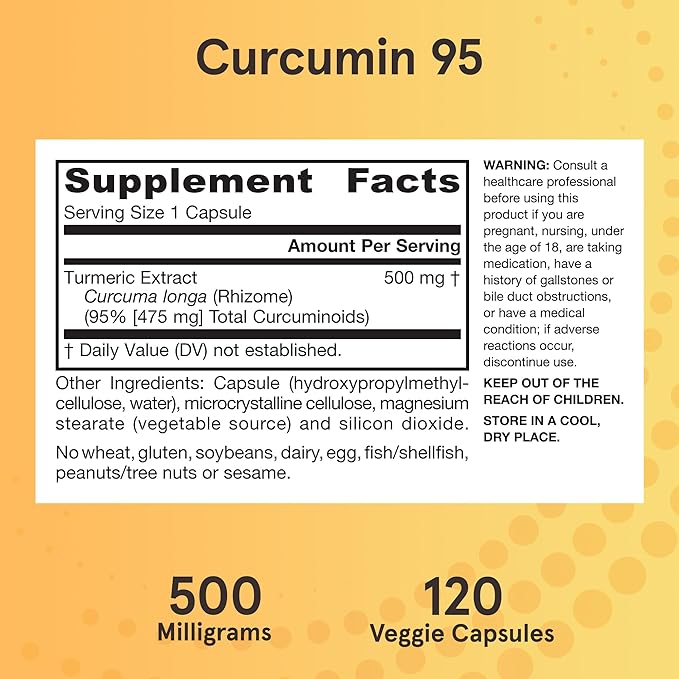 Jarrow Formulas Curcumin 95 500 mg, Turmeric Curcumin Extract for Antioxidant Support, Bone and Joint Support Dietary Supplement, 120 Veggie Capsules, Up to 120 Servings
