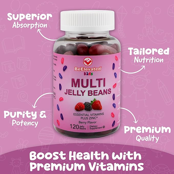 Multivitamin Jelly Beans - Chewable Vitamins Gummies with Zinc for Kids - Immune Support Vitamin Supplements - Vegetarian Multivitamins Gummy Supplement for Childrens - 120 Berry Beans