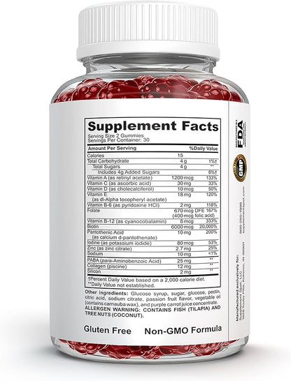 Hair Skin and Nails Vitamins, 6000 mcg Biotin Gummies w/Collagen & Vitamins, Passion Fruit Flavored Hair Vitamins, Gluten Free Collagen Supplements (60 Count)