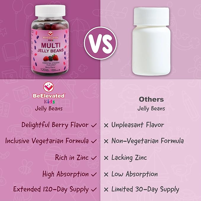 Multivitamin Jelly Beans - Chewable Vitamins Gummies with Zinc for Kids - Immune Support Vitamin Supplements - Vegetarian Multivitamins Gummy Supplement for Childrens - 120 Berry Beans