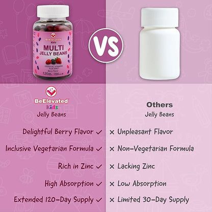 Multivitamin Jelly Beans - Chewable Vitamins Gummies with Zinc for Kids - Immune Support Vitamin Supplements - Vegetarian Multivitamins Gummy Supplement for Childrens - 120 Berry Beans