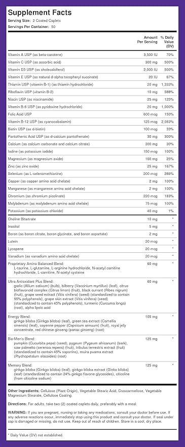 Piping Rock Multivitamin for Men Over 50 Plus | 100 Caplets | with Vitamin D3, Potassium, Folate | Daily Mega Multi Mineral Supplement | Non-GMO, Gluten Free