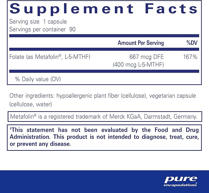 Pure Encapsulations Folate 400 | Metafolin L-5-MTHF Supplement to Support Cardiovascular, Cellular, and Neural Health* | 90 Capsules