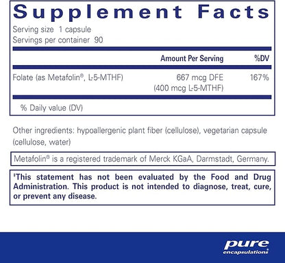 Pure Encapsulations Folate 400 | Metafolin L-5-MTHF Supplement to Support Cardiovascular, Cellular, and Neural Health* | 90 Capsules