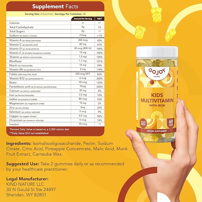 Kids Multivitamin Gummies with Iron - Chewable Sugar Free Kids Multivitamin Gummy Vitamins - for Toddlers & Children 3 & Up