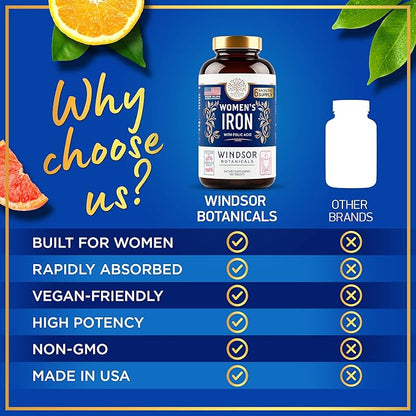 Iron Supplement for Women with Folic Acid - 35mg Gentle Iron, 667mcg Folate Vitamin B9 - Anemia, Period, Pregnancy Support Prenatal Iron Supplements Ferrous Sulfate Pills - 180 Vegan Iron Tablets