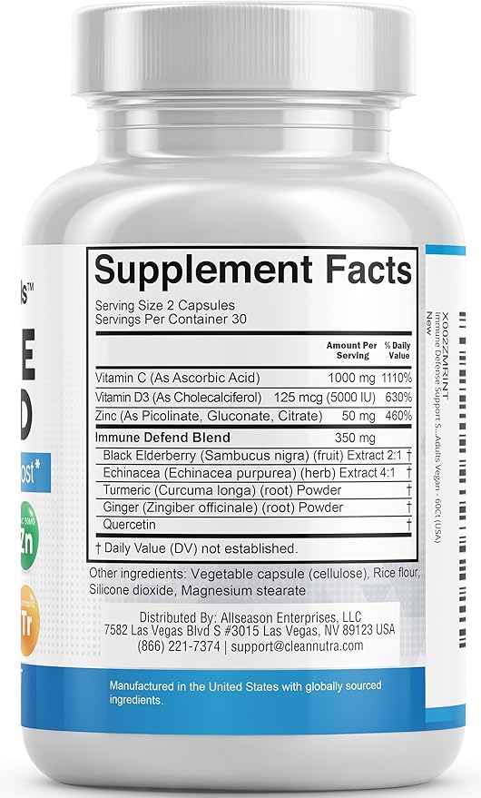 Immune Defense Support Supplement 8 in 1 w/ Zinc 50mg Quercetin, Vit C 1000mg, Vitamin D3 5000 IU, Elderberry, Turmeric Curcumin, Ginger, Echinacea - Immunity System Booster Adults Vegan - 60Ct
