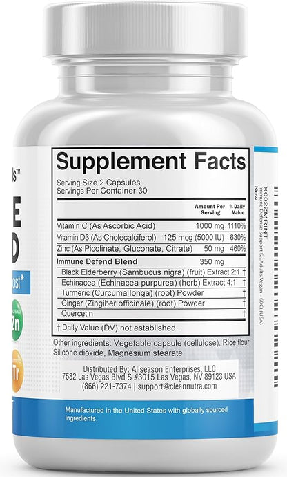 Immune Defense Support Supplement 8 in 1 w/ Zinc 50mg Quercetin, Vit C 1000mg, Vitamin D3 5000 IU, Elderberry, Turmeric Curcumin, Ginger, Echinacea - Immunity System Booster Adults Vegan - 60Ct