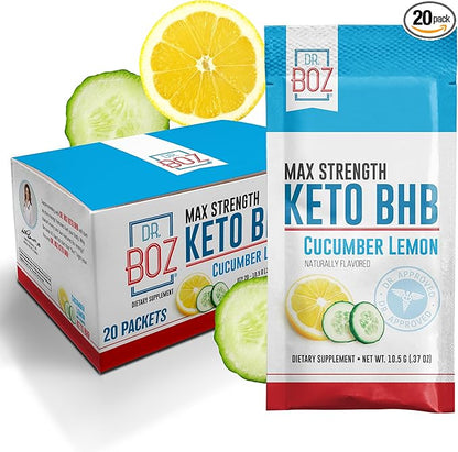 Dr. Boz - Keto BHB Powder - Cucumber Lemon, 20 Packets - Ketones Drink - Increase Energy & Reduce Cravings - Max Strength Dietary Supplement - Quality Tested - Made in The USA - 10.9oz (310g)