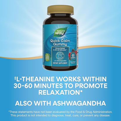Nature's Way Quick Calm Gummies, L-Theanine for Relaxation*, Fast-Acting, Stress Relief from L-Theanine Within 30-60 minutes*, with Ashwagandha, Vegetarian, Mixed Berry Flavored,  60 Gummies