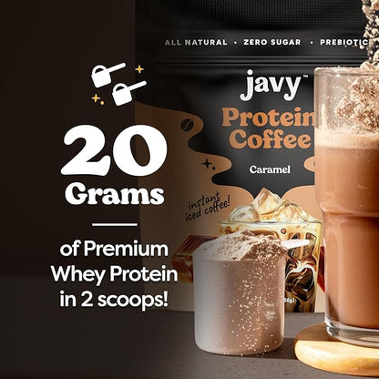 Javy Caramel Protein Coffee - Premium Whey Protein & Instant Iced Coffee - 100% Arabica Coffee - Zero Artificial Flavors & Sweeteners, 20 Servings