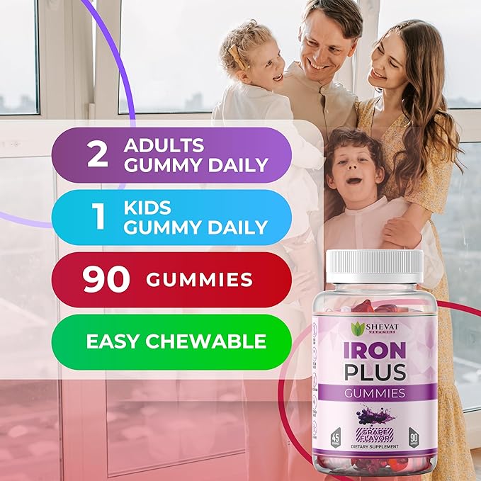 Iron Gummies For Women, Men &Kids - Vegan,Gluten Free(Grape) Immune Support,Family Iron supplements for women anemia,Chewable iron supplements for men-Kids iron Gummies with Iron Vitamin C&A -USA Made