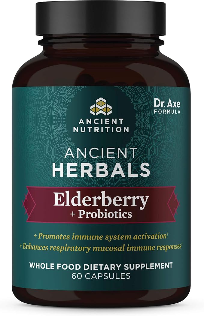 Elderberry and Probiotics Supplement by Ancient Nutrition, Ancient Herbals Black Elderberry Capsules, Immune System Support, Whole Food Supplement, Gluten Free, Paleo and Keto Friendly, 60 Capsules