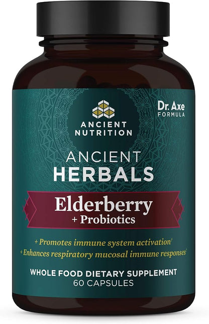 Elderberry and Probiotics Supplement by Ancient Nutrition, Ancient Herbals Black Elderberry Capsules, Immune System Support, Whole Food Supplement, Gluten Free, Paleo and Keto Friendly, 60 Capsules