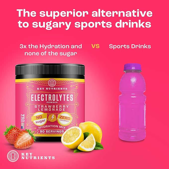 KEY NUTRIENTS Electrolytes Powder No Sugar - Juicy Strawberry Lemonade Electrolyte Powder - Hydration Powder - No Calories, Gluten Free Keto Electrolytes Powder - 90 Servings - Made in USA