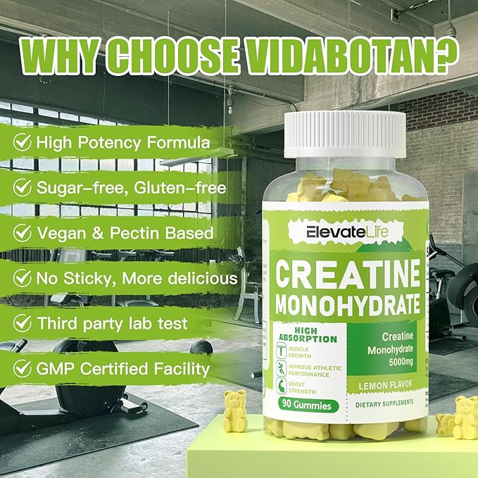 Creatine Monohydrate Gummies 5g for Men Women - Sugar Free Chewable Supplement. 90 Gummies Lemon